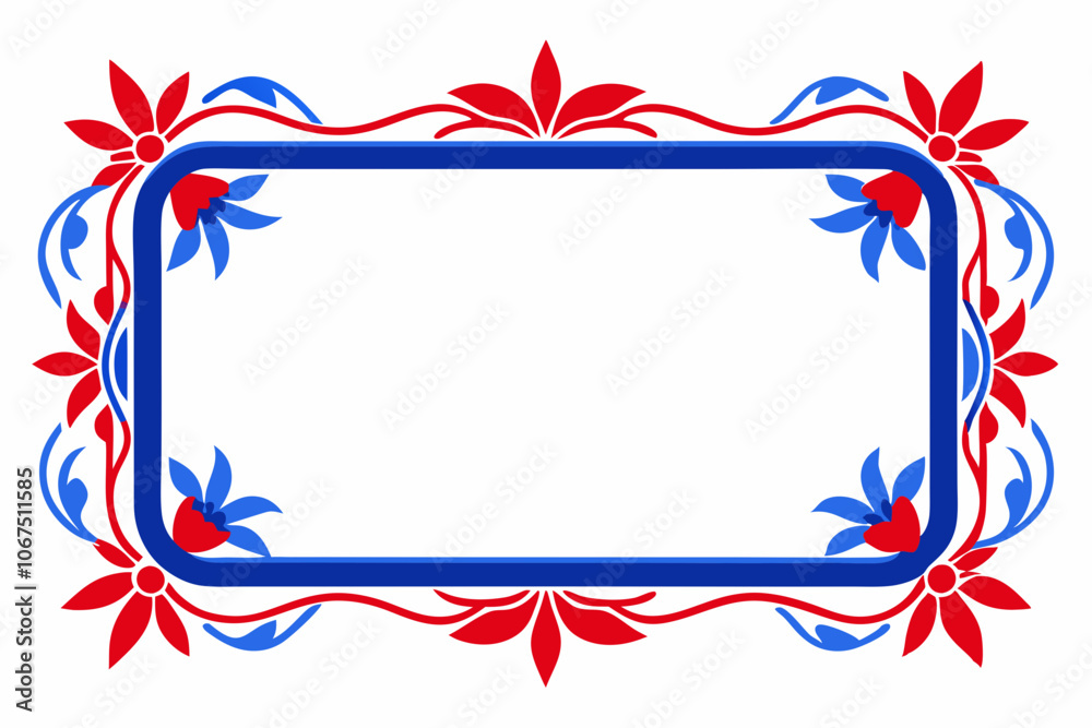 Blue red rectangle floral ornament corner frame on white background