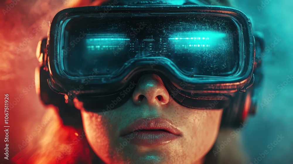 A person donned in advanced virtual reality gear. The reflective surface reveals a mesmerizing neon glow, creating a striking contrast with the environment. A person donned in advanced virtual reality gear. The reflective surface reveals a mesmerizing neon glow, creating a striking contrast with the environment.