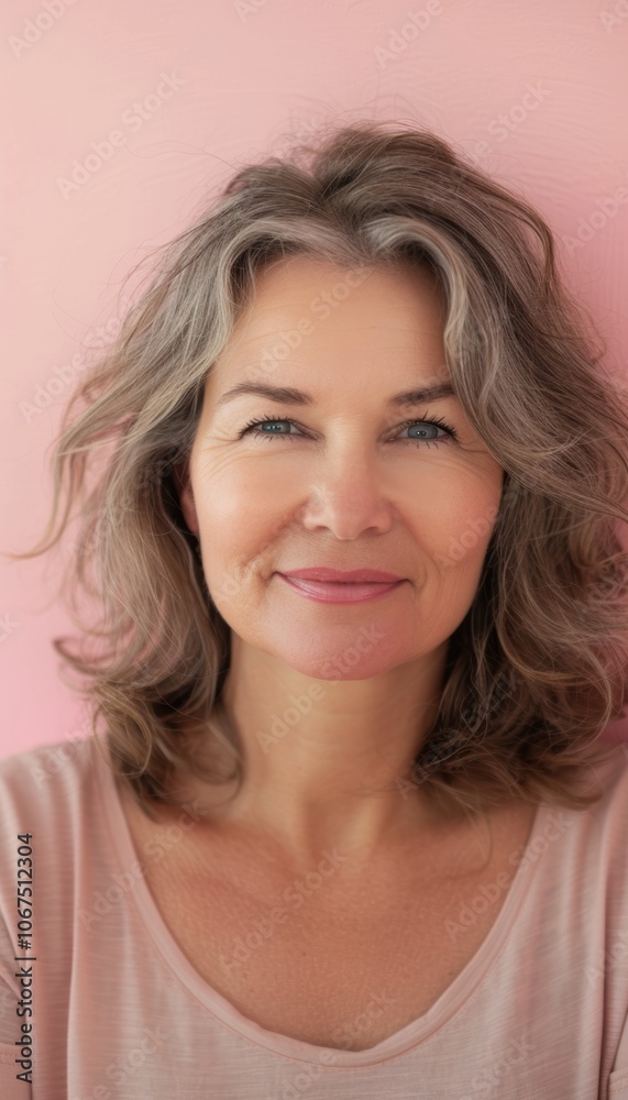 Middle-Aged Woman's Warm Smile Against Pastel Pink Monochrome Background Middle-Aged Woman's Warm Smile Against Pastel Pink Monochrome Background