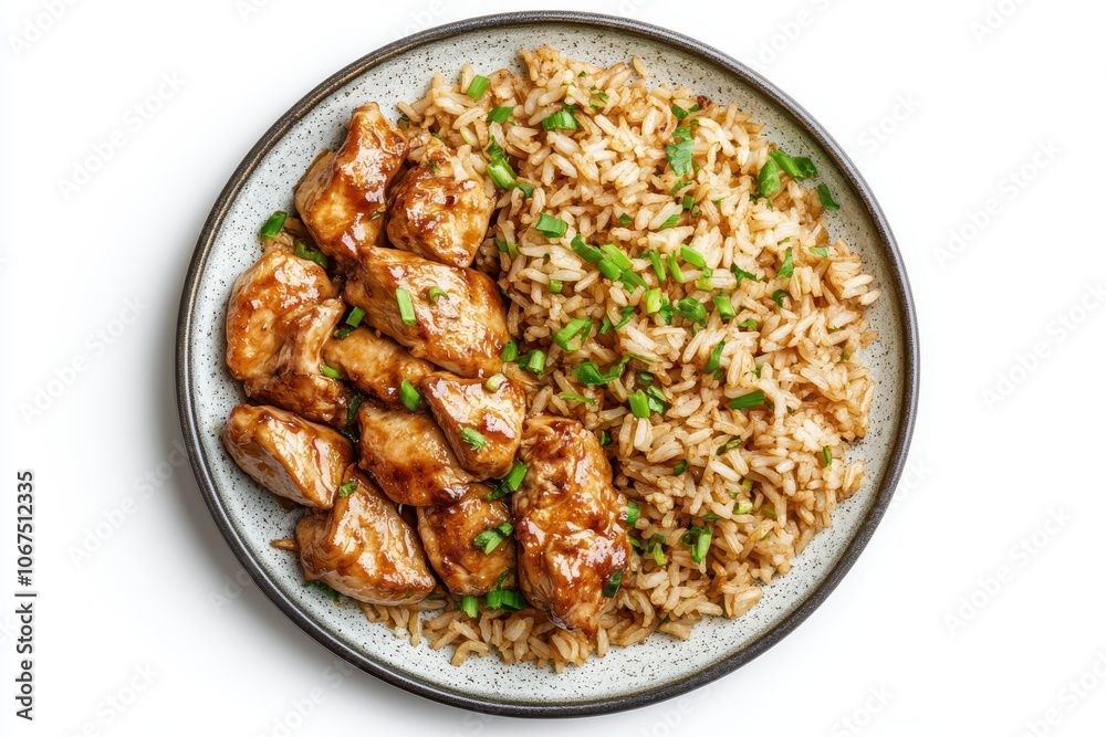 Top view of teriyaki chicken and rice on a white background Top view of teriyaki chicken and rice on a white background