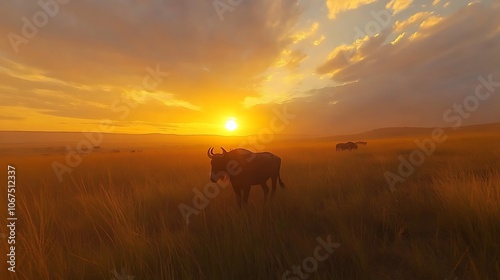 A serene sunset over a grassy landscape with a silhouette of a wildebeest.