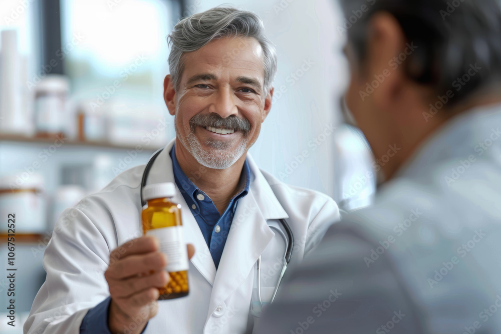 Trustworthy Doctor Advising Patient on Vitamins in Modern Medical Clinic Setting Trustworthy Doctor Advising Patient on Vitamins in Modern Medical Clinic Setting