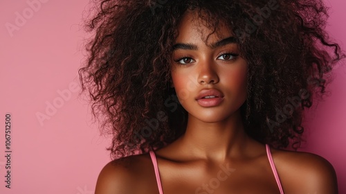 A striking portrait of a young woman with natural curly hair against a soft pink background, capturing her beauty and individuality with a fresh, artistic vibe.