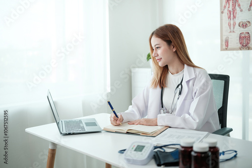 A woman doctor is sitting at a desk with a laptop and a notebook