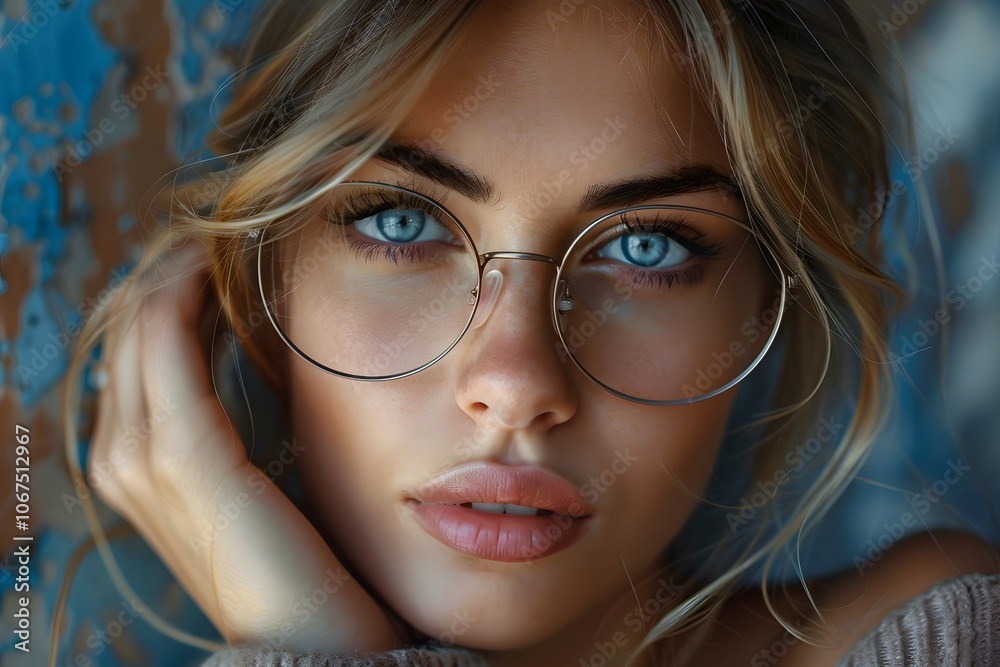 Captivating Close-Up of a Young Woman with Striking Blue Eyes and Stylish Glasses Captivating Close-Up of a Young Woman with Striking Blue Eyes and Stylish Glasses