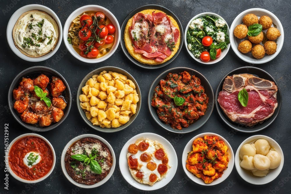 Top view of traditional Italian dishes gnocchi polenta carbonara arancini ossobuco Florentine steak ribollita parmigiana caprese salad and pasta Top view of traditional Italian dishes gnocchi polenta carbonara arancini ossobuco Florentine steak ribollita parmigiana caprese salad and pasta