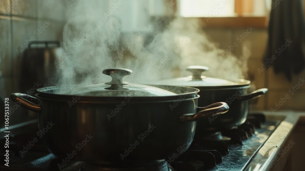 Simmering Pots, Close-up of vibrant cooking pots on the stove, steam rising, evoking warmth, comfort, and the inviting atmosphere of home-cooked meals Simmering Pots, Close-up of vibrant cooking pots on the stove, steam rising, evoking warmth, comfort, and the inviting atmosphere of home-cooked meals
