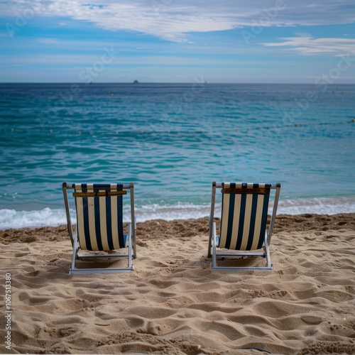 Two beach chairs with spanish coast in the background in Plage des Casernes, France  photo