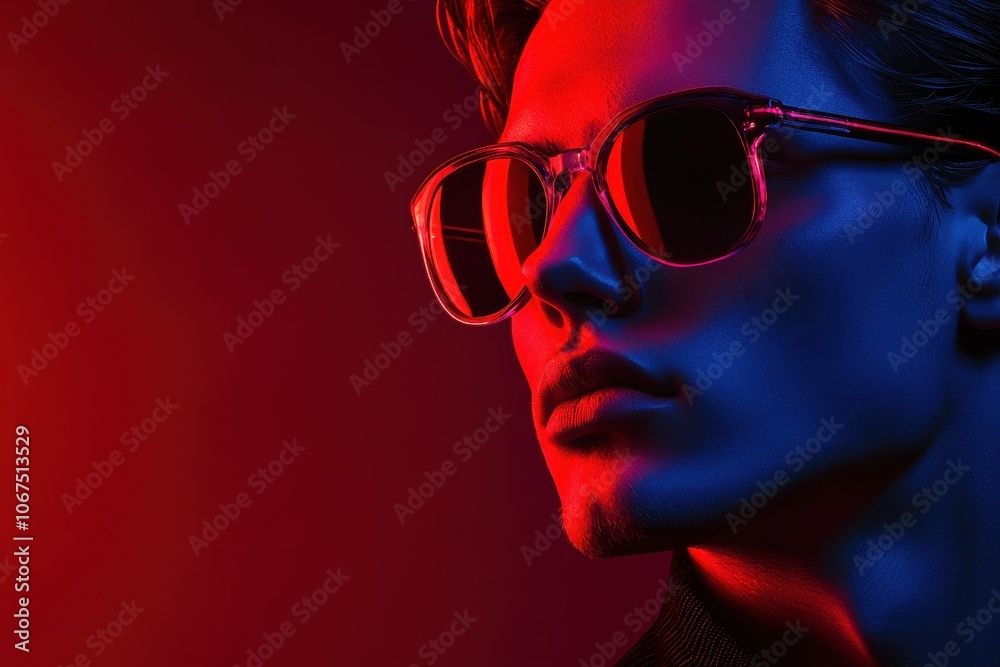 Trendy male model in sunglasses under bright red lighting showcasing a cyberpunk vibe Trendy male model in sunglasses under bright red lighting showcasing a cyberpunk vibe