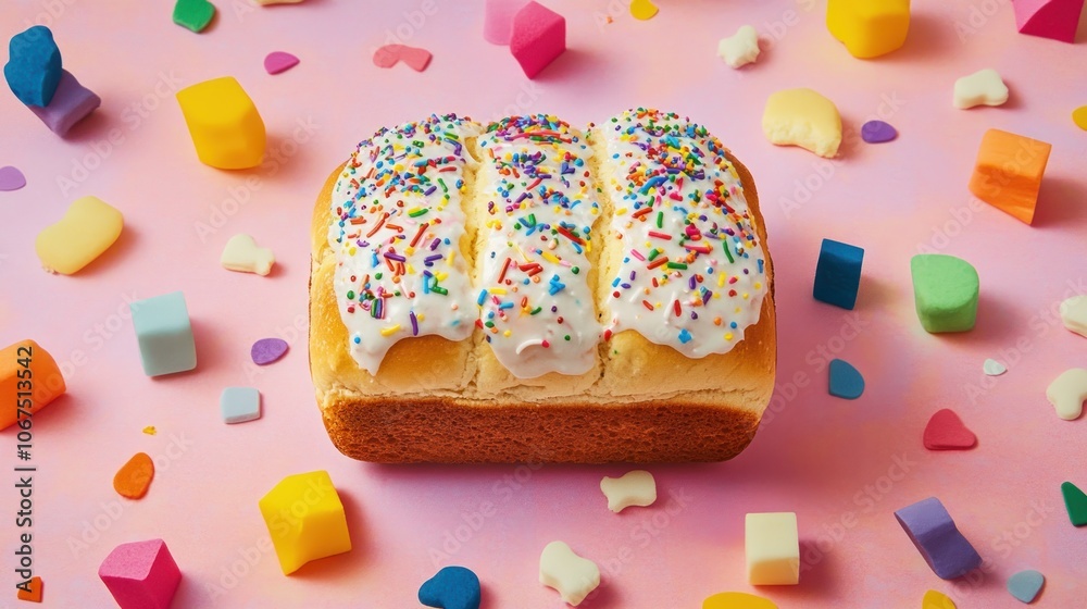 A loaf of bread with white icing and sprinkles, surrounded by colorful shapes on a pink background.
