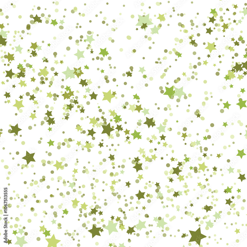 Stars green glitter confetti isolated on blurred abstract white background. Festive holiday background. Celebration concept. Falling magic gold particles. Invitation mock up. Top view, flat lay Stars green glitter confetti isolated on blurred abstract white background. Festive holiday background. Celebration concept. Falling magic gold particles. Invitation mock up. Top view, flat lay