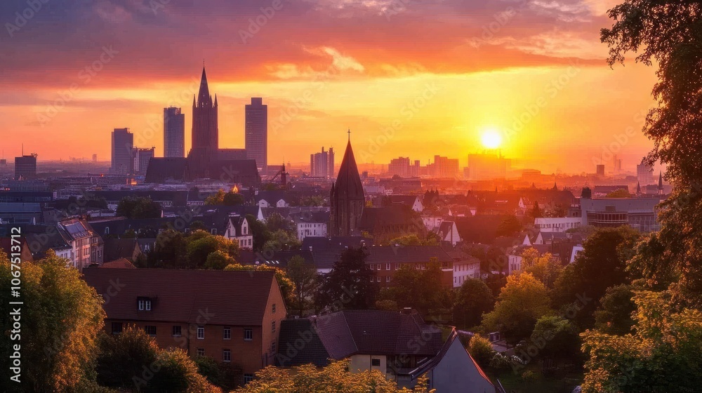 Naklejka premium The city skyline of Essen under the sunset