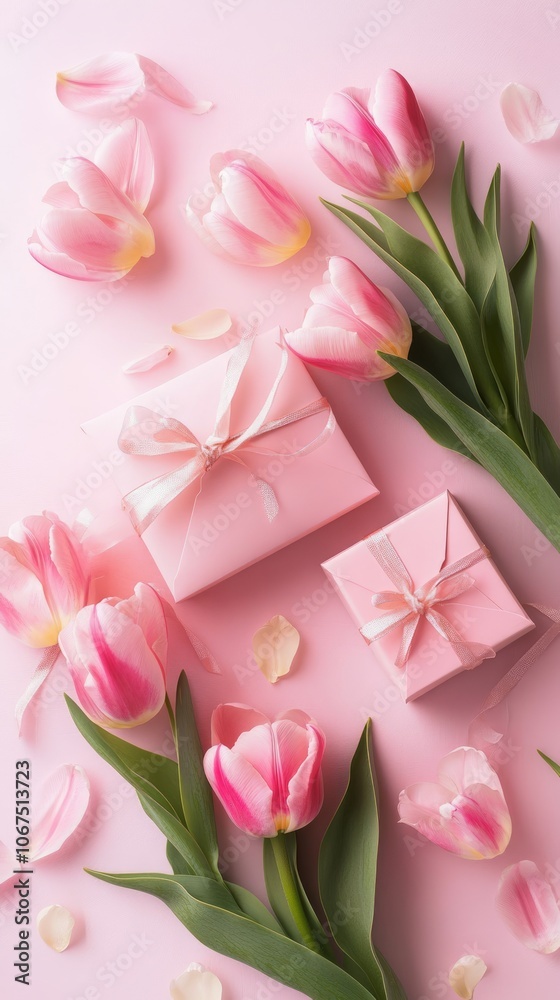 Fototapeta premium Romantic Pink Tulips and Gift Boxes on a Soft Pink Background
