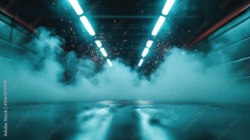 A moody, futuristic hallway illuminated with glowing blue lights and filled with atmospheric smoke, suggesting mystery and advanced technology in a surreal realm. A moody, futuristic hallway illuminated with glowing blue lights and filled with atmospheric smoke, suggesting mystery and advanced technology in a surreal realm.
