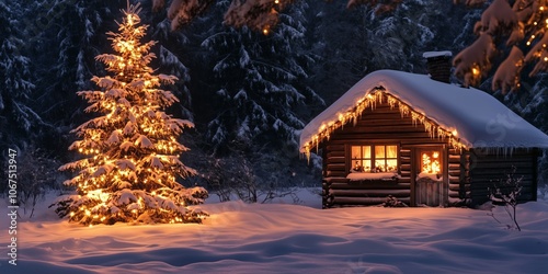 a christmas tree with candles stands in the snow next to a lonely romantically lit hut photo