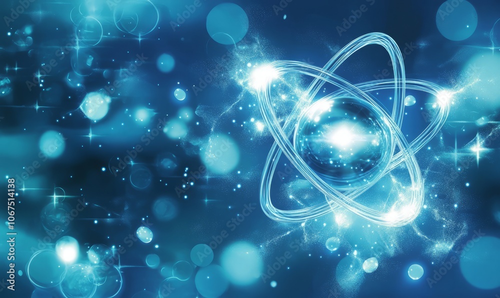 Conceptual atom illustration with glowing particles on a blue background Conceptual atom illustration with glowing particles on a blue background