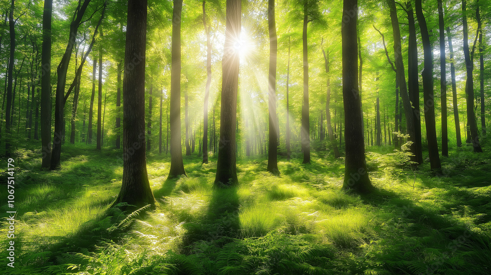Obraz premium Bright Sunlight Shining Through Tall Trees in Peaceful Green Forest with Soft Ferns