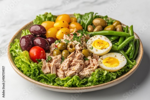 Tuna salad with olives green beans tomatoes quail eggs and lettuce