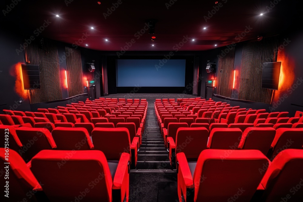 Vacant theater featuring red seating Back perspective Vacant theater featuring red seating Back perspective