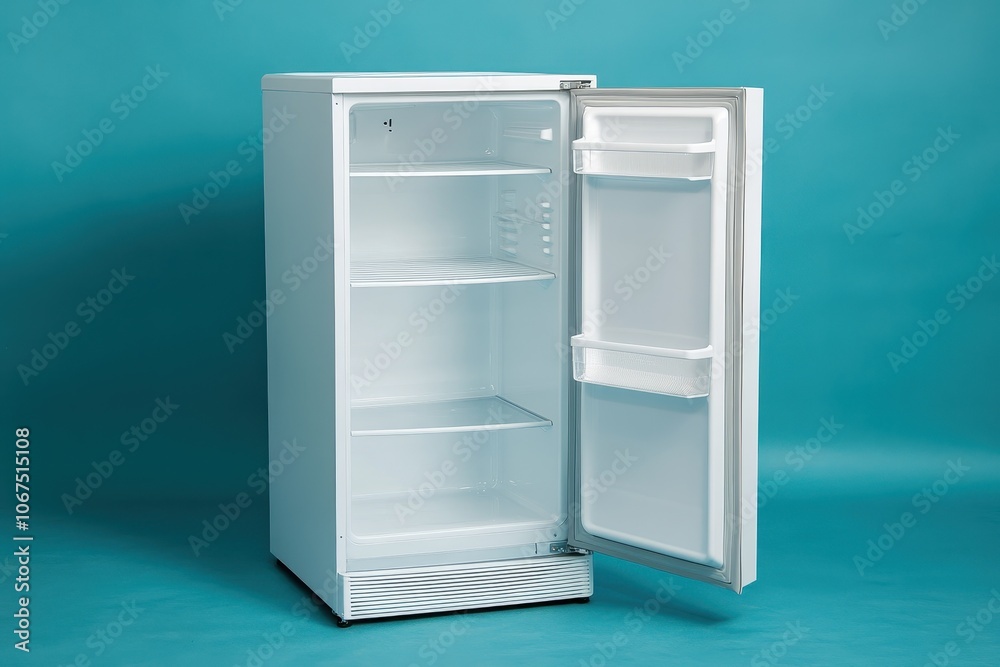 Vacant white fridge with an ajar door against a blue backdrop Vacant white fridge with an ajar door against a blue backdrop