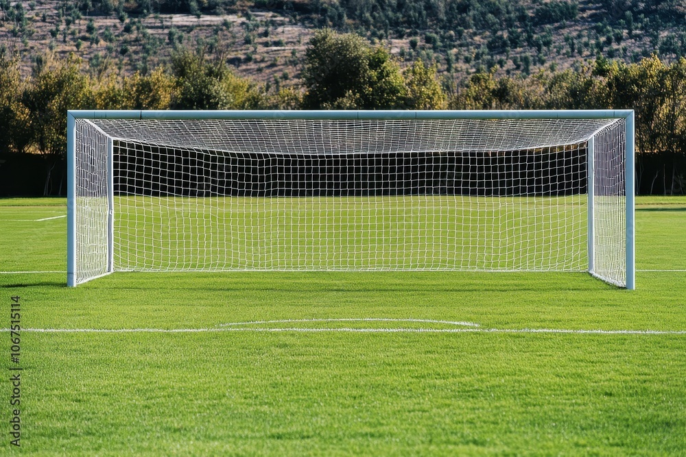 Fototapeta premium Vacant soccer field featuring a goal prepared for practice or a match with empty space Sports training outdoor grass competition gear