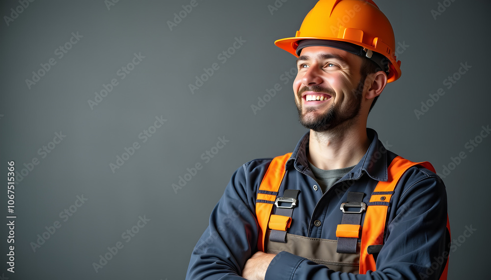 Smiling construction worker in safety gear with orange helmet on gray background Smiling construction worker in safety gear with orange helmet on gray background