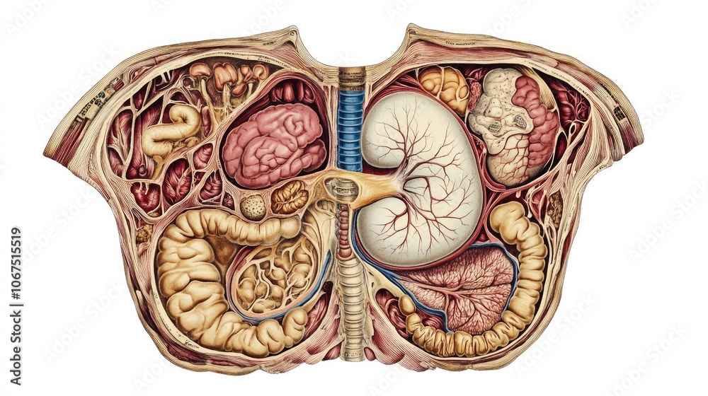 Cross-section of human torso anatomy, detailed organ placement, isolated on white, labeled diagram, scientific accuracy Cross-section of human torso anatomy, detailed organ placement, isolated on white, labeled diagram, scientific accuracy