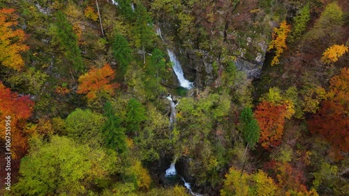 A soteska Pekel waterfall in the autumn, Slovenia, drone video, aerial footage photo