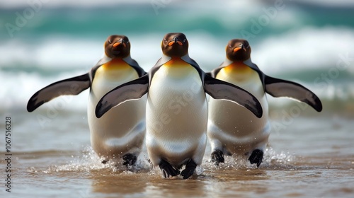 Three penguins are captured mid-stride on a wet beach, exuding joy and playfulness, as their bright plumage contrasts beautifully with the soft seabackground. photo