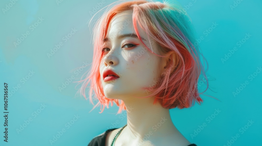 Modern Portrait of a Young Woman with Pastel Hair and Vibrant Turquoise Background Modern Portrait of a Young Woman with Pastel Hair and Vibrant Turquoise Background