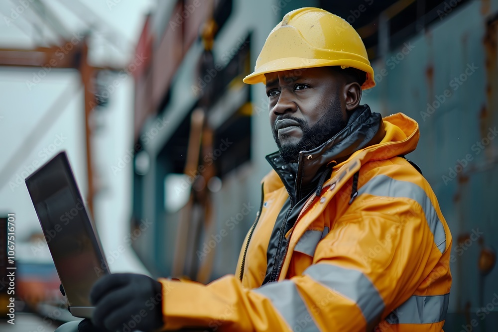 Focused Dock Worker Analyzing Data on Laptop in Industrial Setting Focused Dock Worker Analyzing Data on Laptop in Industrial Setting