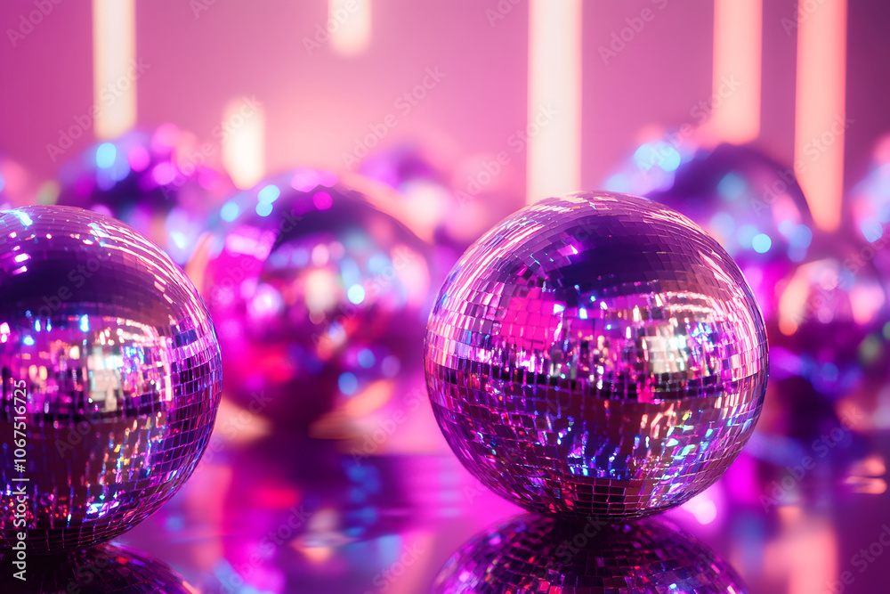 Obraz premium Group of shining disco balls on the floor in neon light. Party concept.