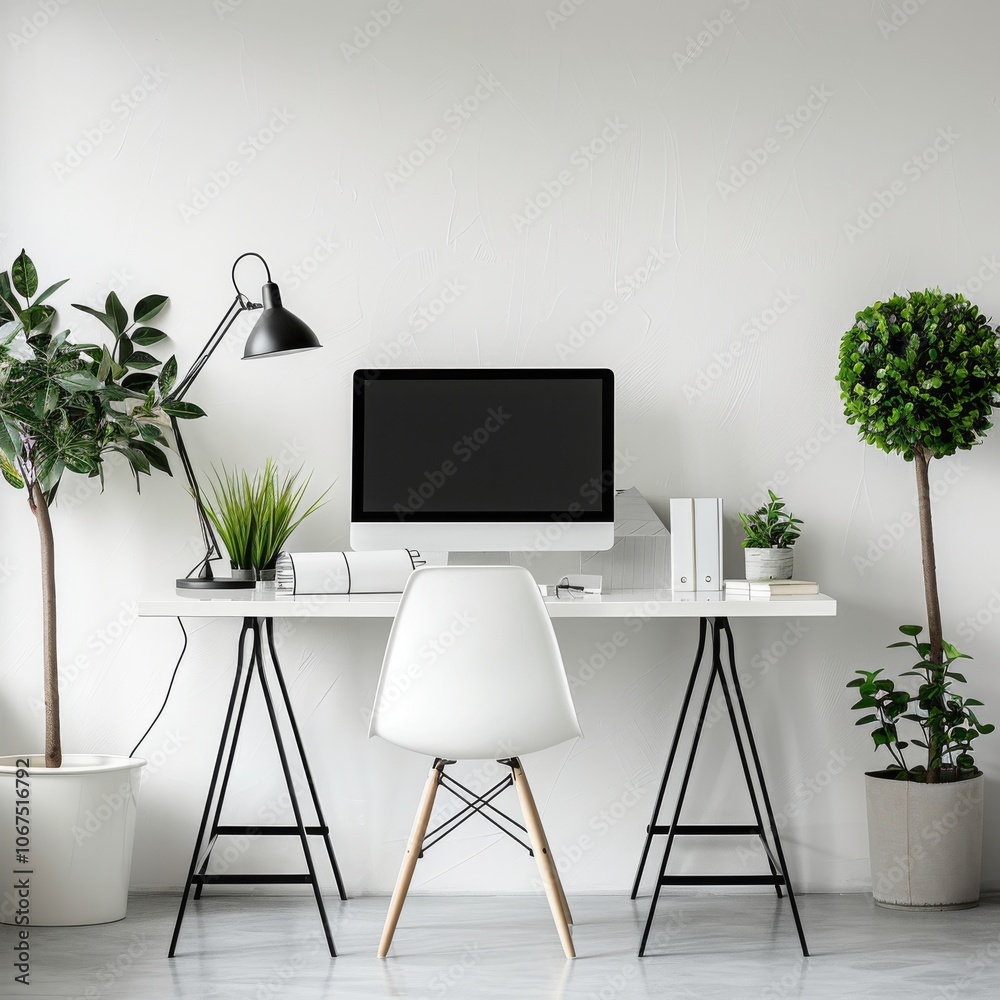 White office desk with computer laptop, plant and document at modern office White office desk with computer laptop, plant and document at modern office