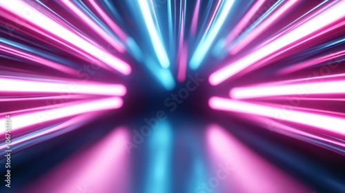 Bright pink and blue neon lights shoot towards the center in a tunnel-like pattern, creating an abstract, futuristic, and captivating visual display of colors. photo