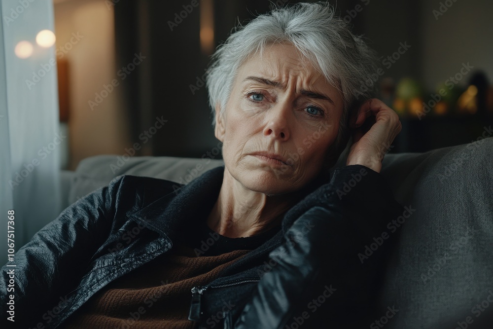 Weary elderly woman alone on a couch troubled and deep in thought about her issues Weary elderly woman alone on a couch troubled and deep in thought about her issues