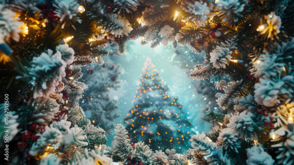 Fototapeta premium christmas tree branches with garland lights, copy space