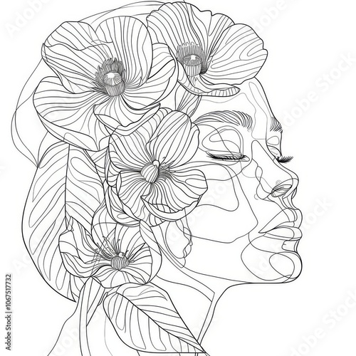 Women and flowers line art. Girl with flowers and leaves one line vector drawing. Portrait continuous line art drawing for prints, tattoos, cosmetics, fashion, Beauty salon and wall home decoration    photo