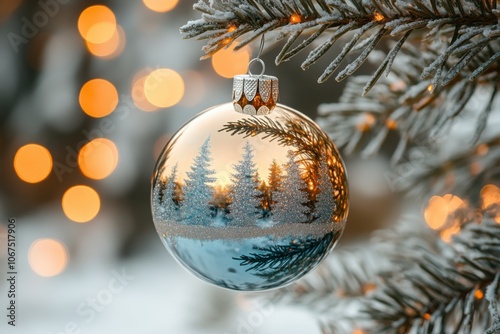 Macro shot of festive christmas ornament with tree reflection for holiday decor and seasonal design