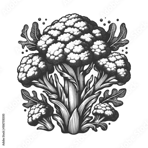 broccoli head, detailed botanical illustration with intricate texture and shading on white sketch engraving generative ai vector illustration. Scratch board imitation. Black and white image.