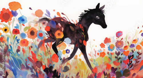 ilustração em aquarela infantil de um cavalo preto caminhando em um campo de flores - desenho em papel