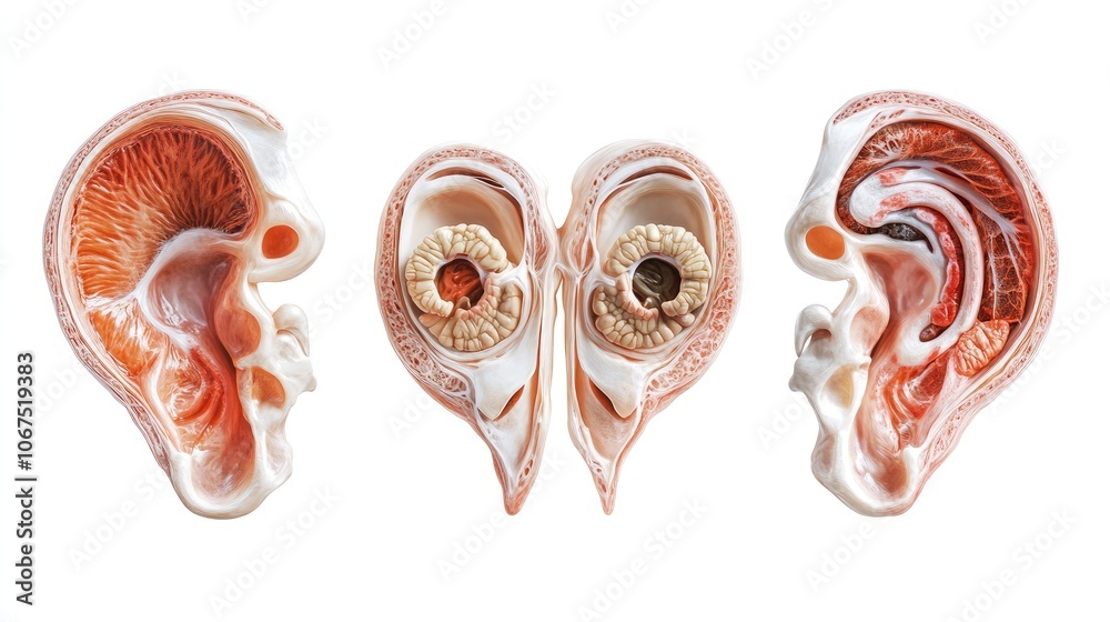 Detailed ear anatomy, showing inner, middle, and outer sections, isolated on white, scientific medical illustration