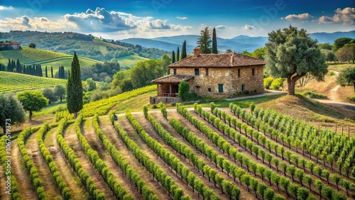 Farmhouse in the Italian countryside with a vineyard and olive grove, sunlit fields, viticulture, rural landscape