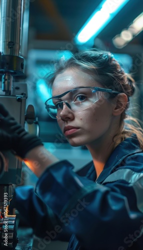 Focused CNC Operator Working in Industrial Environment with Safety Gear