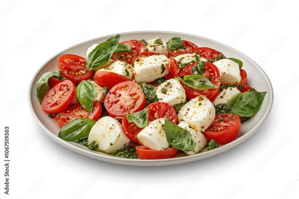 White background featuring a tasty Caprese salad with tomatoes mozzarella basil and seasonings White background featuring a tasty Caprese salad with tomatoes mozzarella basil and seasonings
