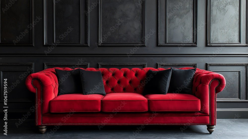 Elegant close-up of a dark crimson velvet sofa with black pillows, beautifully contrasting against grunge paneling. Elegant close-up of a dark crimson velvet sofa with black pillows, beautifully contrasting against grunge paneling.