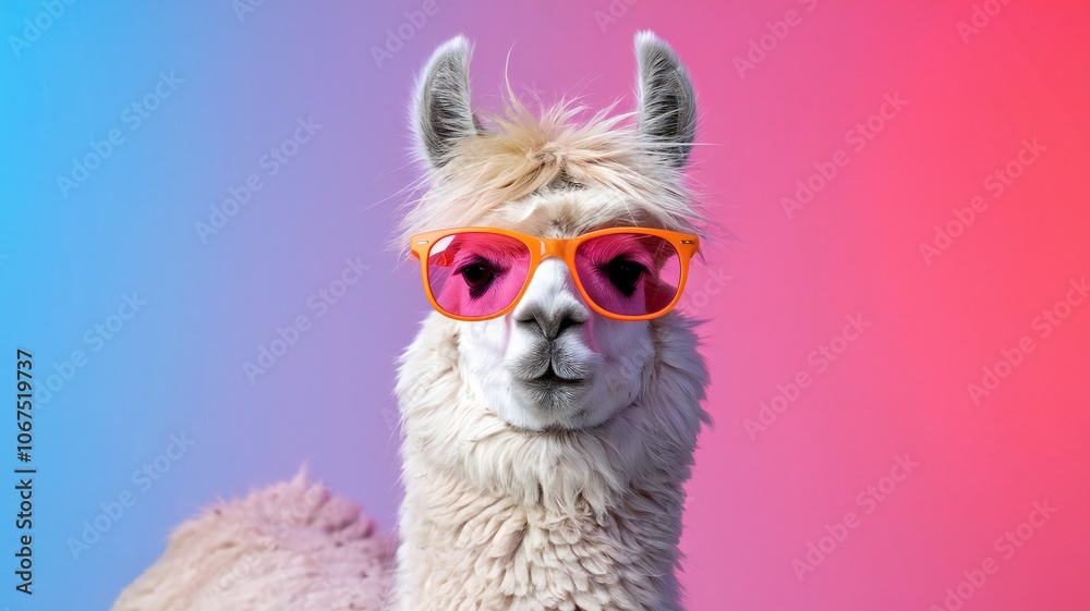 Cool Llama in Pink Sunglasses on Blue and Pink Gradient Background Cool Llama in Pink Sunglasses on Blue and Pink Gradient Background
