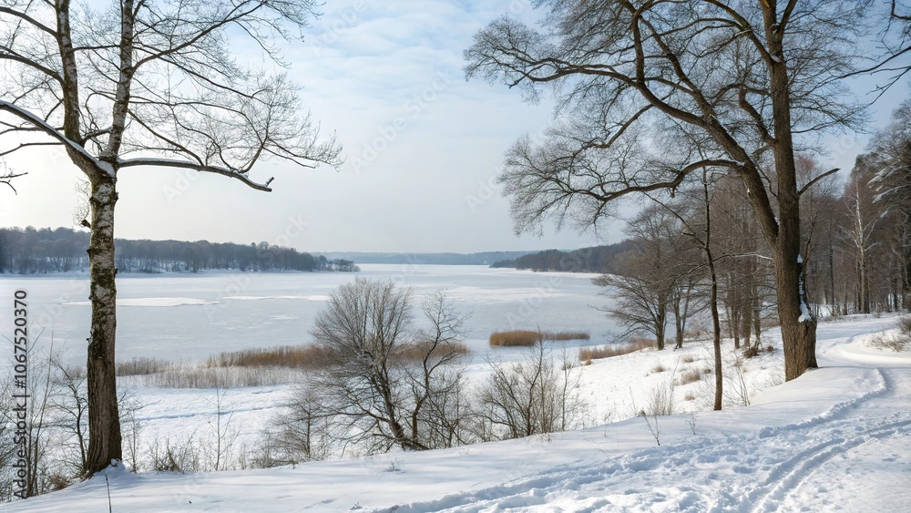 Snowy landscape with bare trees and frozen lake in the background, cold weather, peaceful, lake, frozen, nature