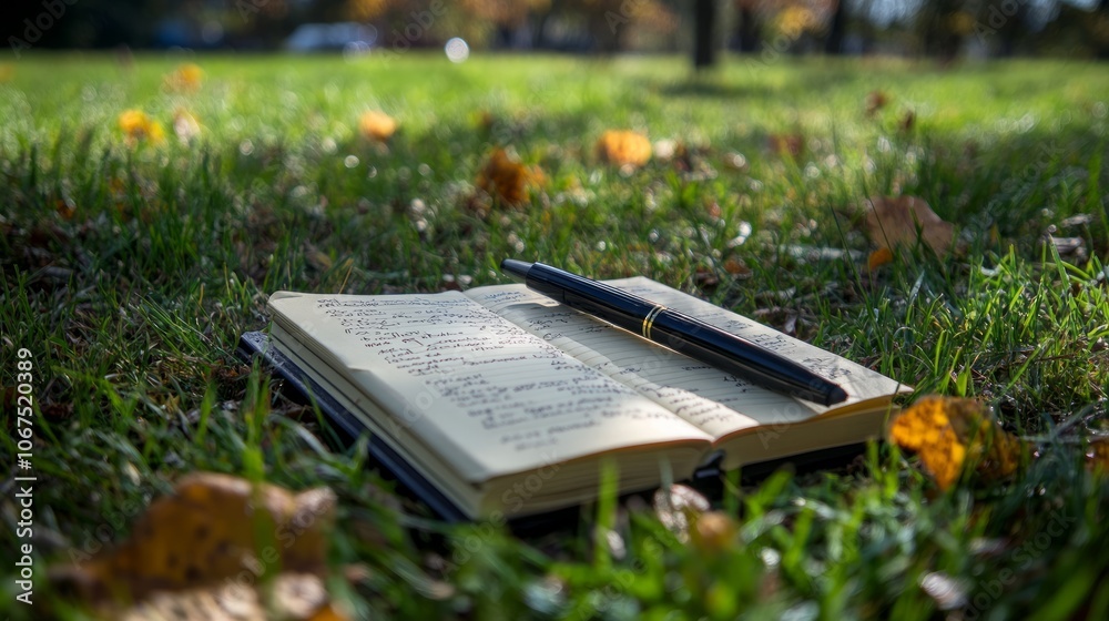 Open Notebook with Pen on Grass Surrounded by Autumn Leaves