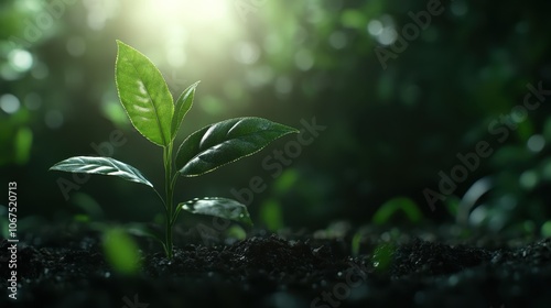 A delicate young plant sprouts energetically from the fertile soil as vibrant sunlight illuminates its leaves, embodying growth and the cycle of nature. photo