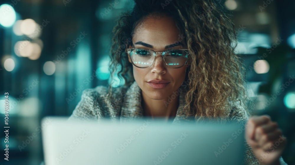 A focused young woman with glasses and curly hair works intently on her laptop, immersed in a dimly lit and modern environment, exuding concentration. A focused young woman with glasses and curly hair works intently on her laptop, immersed in a dimly lit and modern environment, exuding concentration.